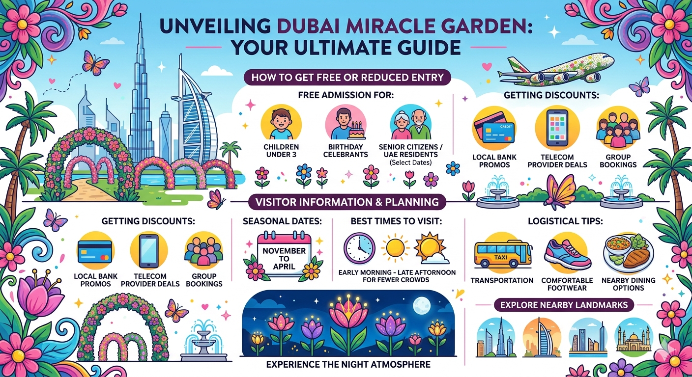Free entry at dubai miracle garden infographic