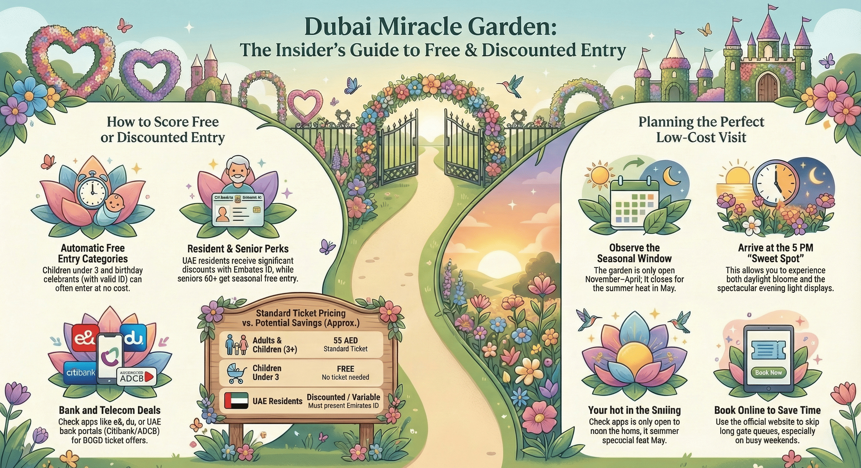 Free entry at dubai miracle garden infographics