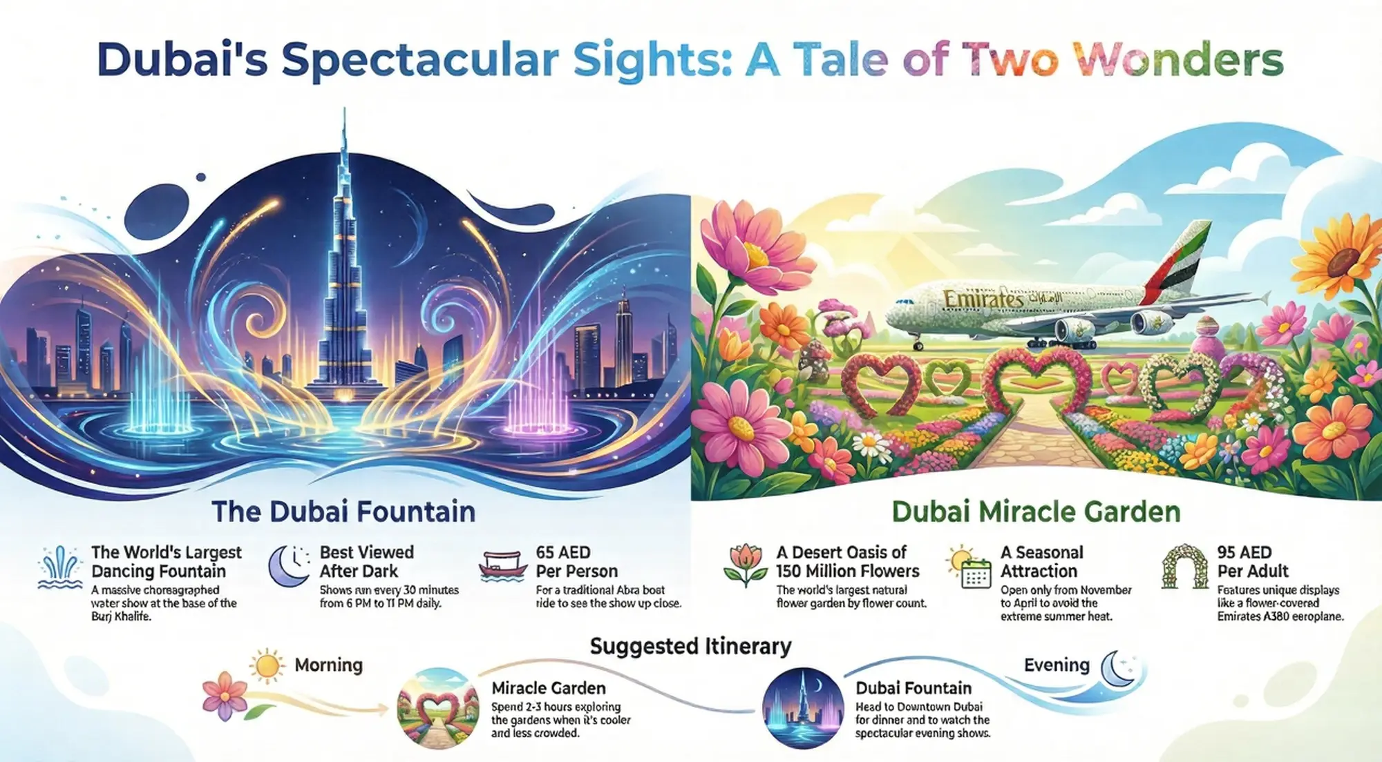 Dubai Fountain And Dubai Miracle Garden infographic