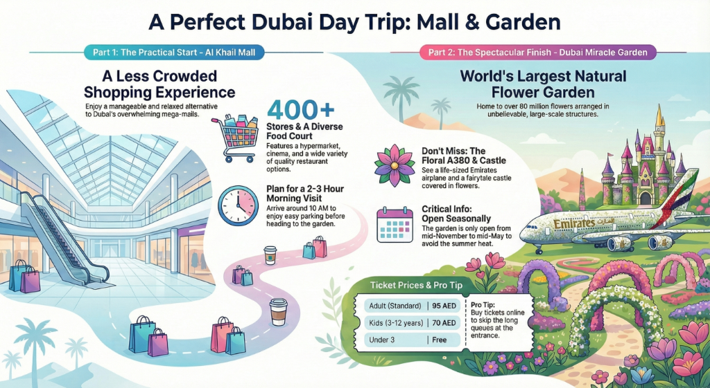 Al Khail Mall Dubai to Dubai Miracle Garden infographic