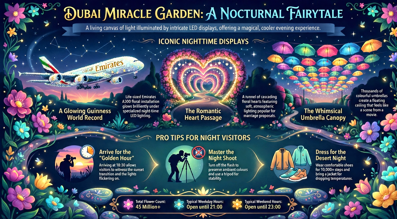 dubai miracle garden at night infographic