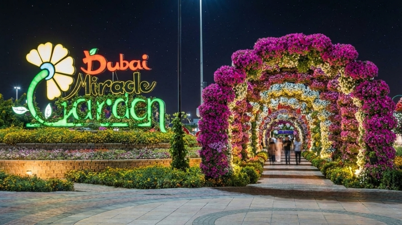 dubai miracle garden at night entrance