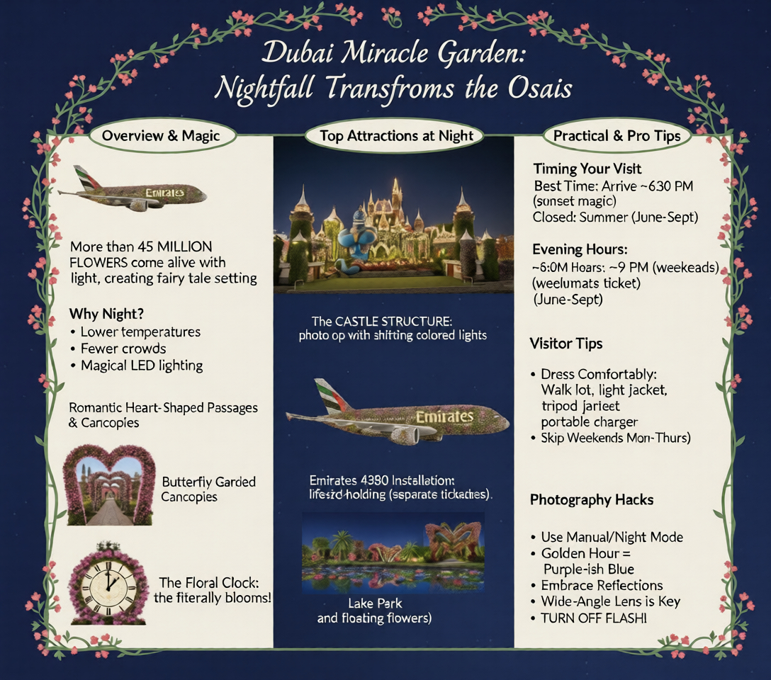 dubai miracle garden at night overview infographic